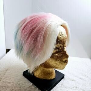 Short Light Blonde blue light purple pink highlights Funky Artsy Wig. Adjustable